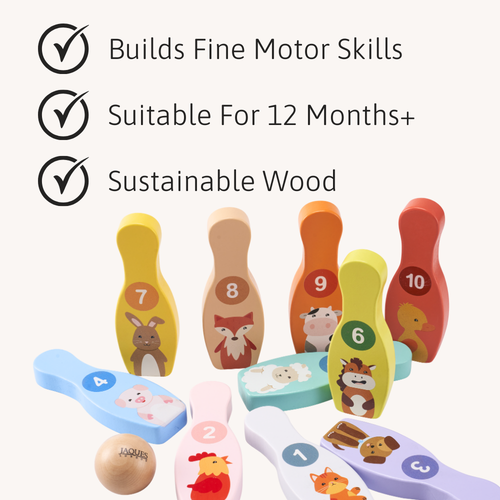 Wooden bowling set with numbered pins and a ball, suitable for 12 months and made of sustainable wood.