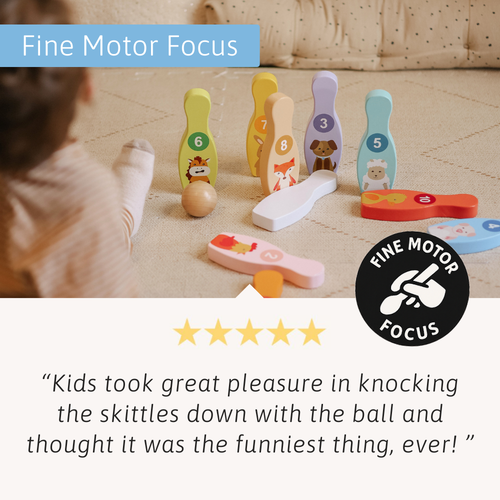Children's wooden toy set with numbered skittles and a ball on a light surface, labeled 'Fine Motor Focus'.