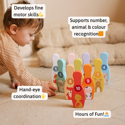 Child playing with a colorful wooden toy that develops fine motor skills, supports number, animal & color recognition, and enhances hand-eye coordination.