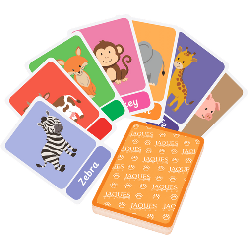 A set of colourful animal-themed cards and a matching orange card deck box on a solid dark green background. The cards feature cartoon illustrations of a zebra, fox, monkey, elephant, giraffe, and pig, with the word 'Zebra' printed on one card. [fill]