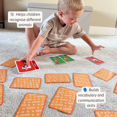 A young child sits on a carpeted floor playing with animal recognition cards. Orange cards with white text are spread out on the floor, and several colourful animal cards are being handled by the child.