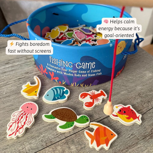 Children's fishing game with wooden fish and rods on a wooden surface, featuring text about the game's benefits. 