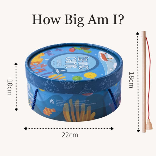 Measurement chart for a children's toy with a blue cylindrical container and measurement details. 