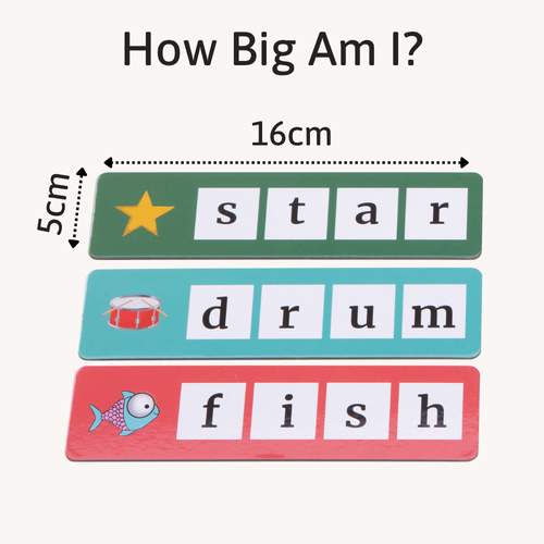 Three word cards shown with measurements, each 16 cm long and 5 cm tall, featuring the words “star”, “drum”, and “fish” with matching illustrations. 