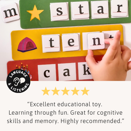 A child’s hand placing letter tiles onto colourful word cards reading “star”, “tent”, and “cake”, shown above a five-star educational toy review. 