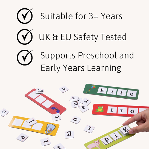 Tick-list showing suitability for ages 3+, UK & EU safety testing, and early years learning support, displayed above scattered letter tiles and word cards. 