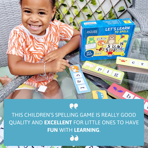A smiling child plays with the spelling game outdoors, surrounded by colourful word cards and the game box, with a review praising quality and fun learning. 