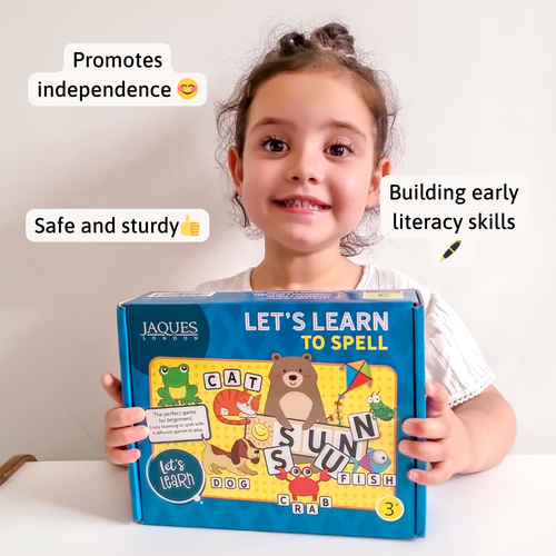 A child proudly holding the “Let’s Learn to Spell” game box, with callouts noting independence, safety, sturdiness, and early literacy skill building. 