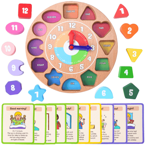 Wooden educational clock with colourful numbers and shapes, accompanied by matching flashcards on a green background. [fill]