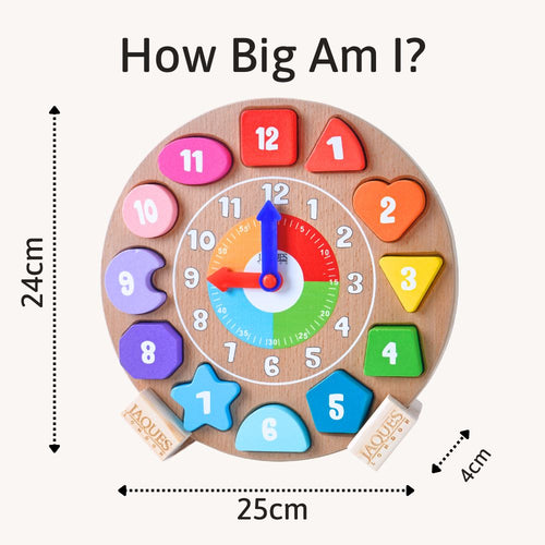 Wooden educational toy with colourful numbers and shapes, labelled 'How Big Am I?'