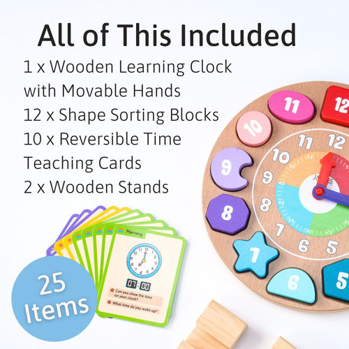 Wooden learning clock with movable hands, shape sorting blocks, reversible time teaching cards, and wooden stands on a white background. 