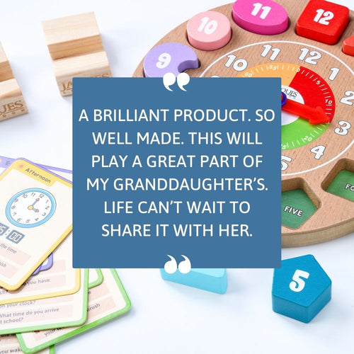 Educational toys with colourful numbers and text on a white background 