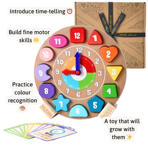 Wooden educational toy with colourful numbers and shapes, featuring text on its benefits. 