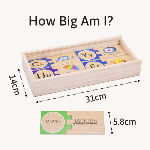 Wooden puzzle with letters and measurements, featuring the brand 'Jaques'. 