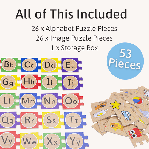 Alphabet and image puzzle pieces with storage box on a white background 