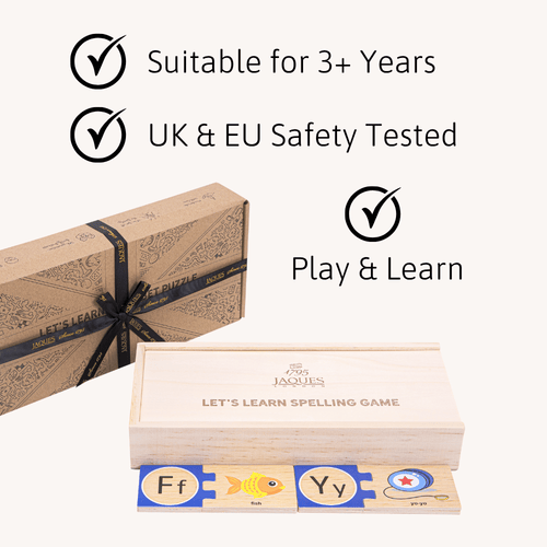 Spelling game box with text indicating suitability for children, safety testing, and educational value. 