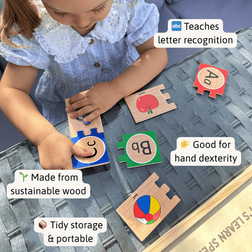 Child playing with educational wooden letter puzzles on a mat. 