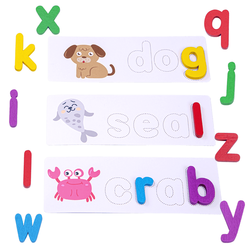 Spelling cards with colourful wooden letters