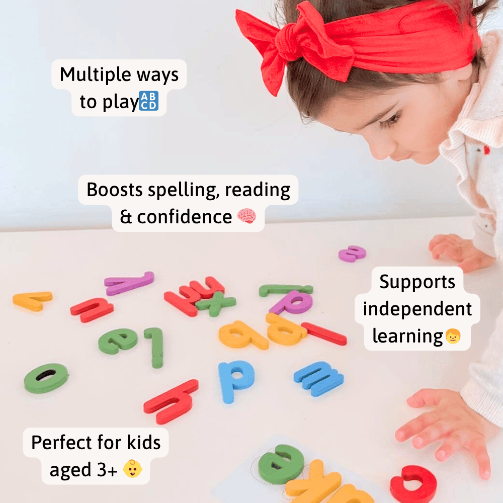 Child playing with colourful letters on a white surface, with text highlighting benefits. 
