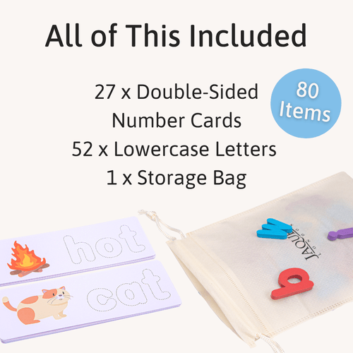Educational materials including double-sided number cards, lowercase letters, and a storage bag on a white background.