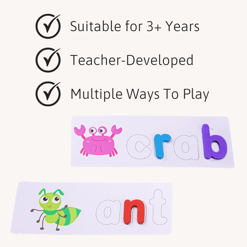 Educational materials with letters and cartoon characters on a white background 