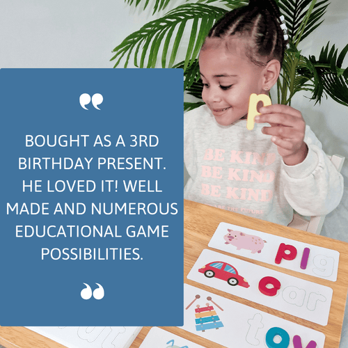 Child playing with educational game pieces on a table with a blue text box review and green plants in the background. 