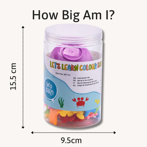 Colourful toy set in a transparent container with measurements and branding on a white background. 