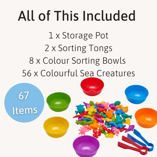 Colourful sorting toy set with storage pot, sorting tongs, bowls, and sea creatures on a white background. 