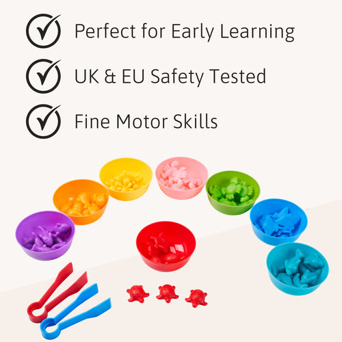 Colourful educational toys with text indicating benefits for early learning, safety, and fine motor skills. 