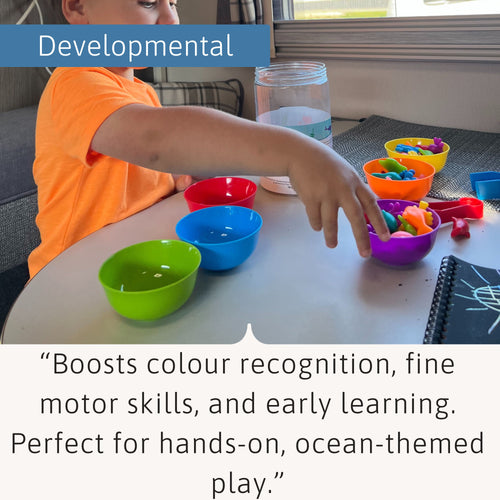 Child playing with colourful bowls and toys at a table, with text about developmental benefits. 