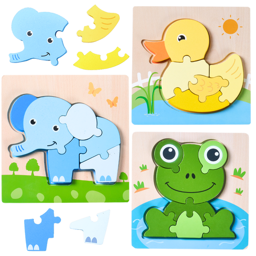 A set of colorful wooden animal puzzle boards shown on a white background, including a blue elephant, a yellow duck with a gold fish, and a green frog in a blue pond. Loose matching puzzle pieces are scattered around. [fill]