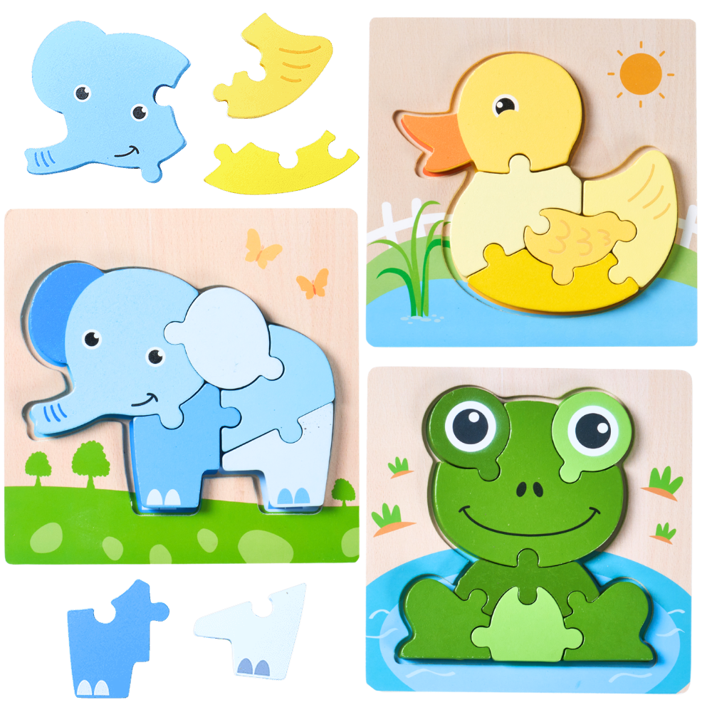 A set of colorful wooden animal puzzle boards shown on a white background, including a blue elephant, a yellow duck with a gold fish, and a green frog in a blue pond. Loose matching puzzle pieces are scattered around. 
