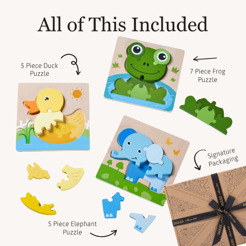 A product collage showing three wooden animal puzzle sets: a duck, a frog, and an elephant, with loose puzzle pieces and a wrapped gift box. Text reads 'All of This Included' with labels for each puzzle and 'Signature Packaging.