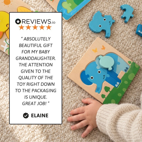 A baby's hand is shown interacting with a wooden elephant puzzle toy on a beige carpet, alongside other colorful wooden toys. A white review card on the left features a five-star rating and a positive quote from 'Elaine'.