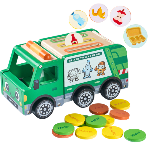 A wooden recycling truck toy with colorful sorting discs, shown on a clean white background with small illustrated icons above. The truck is green with beige, gray, black, and orange details, and the round discs are yellow, green, orange, and brown with labels such as PLASTIC, PAPER, and FOOD. [fill]