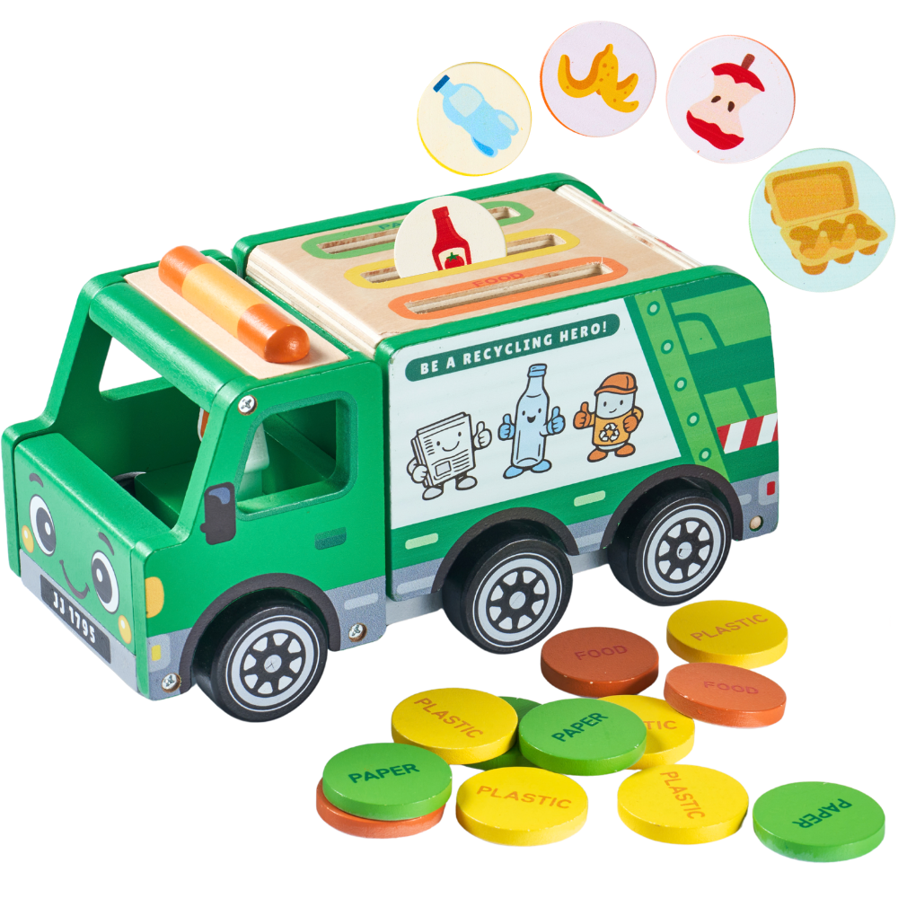 A wooden recycling truck toy with colorful sorting discs, shown on a clean white background with small illustrated icons above. The truck is green with beige, gray, black, and orange details, and the round discs are yellow, green, orange, and brown with labels such as PLASTIC, PAPER, and FOOD. 