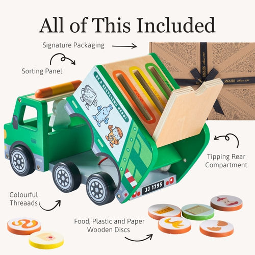 A wooden toy garbage truck set shown on a light beige background with callout labels and inset views of included parts and accessories. The main product is a green toy dump truck with a tilted wooden cargo bed, colorful threaded pegs, and a small license plate.