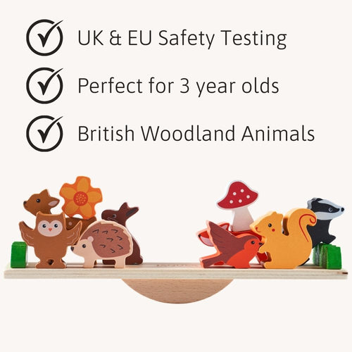 Wooden toy set with animals and safety testing information on a white background  