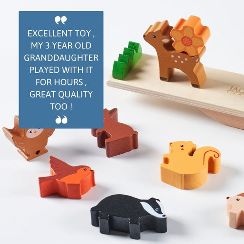 Wooden animal toys with a positive review on a white background  