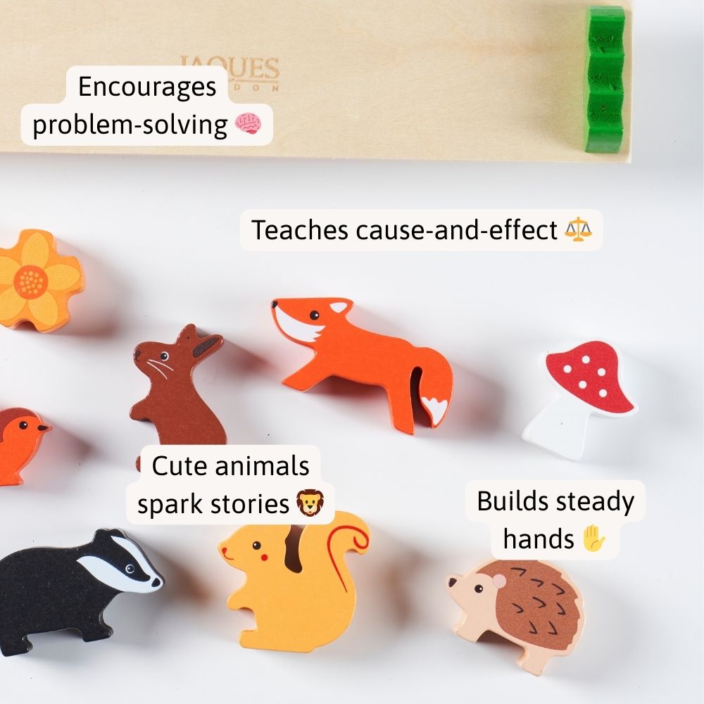 Set of colourful animal-shaped wooden toys on a white surface with text highlighting benefits.  