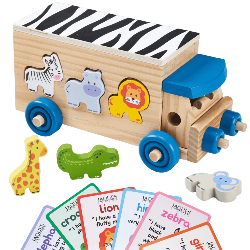 A wooden toy train car with animal cutouts and colorful animal pieces, shown on a white background with matching animal tokens and printed cards. 