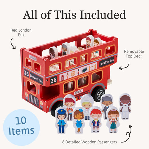 Product overview image titled “All of This Included,” showing a red wooden London bus with removable top deck and eight wooden passenger figures, labeled as 10 items total. 