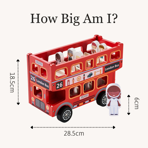 Size guide image titled “How Big Am I?” displaying the red wooden double-decker London bus with measurements of approximately 28.5 cm length and 18.5 cm height, shown alongside a small wooden figure for scale. 