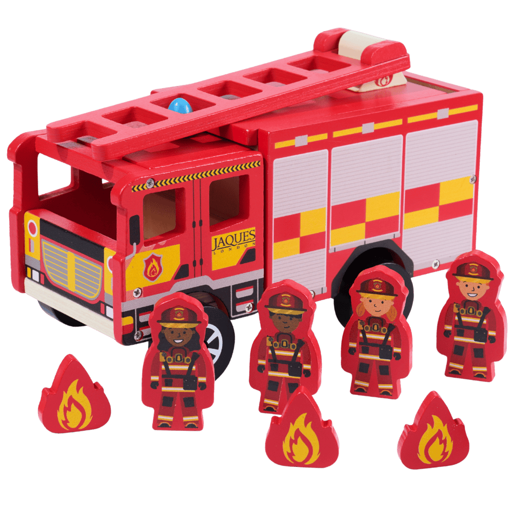 Wooden fire engine with firemen. 