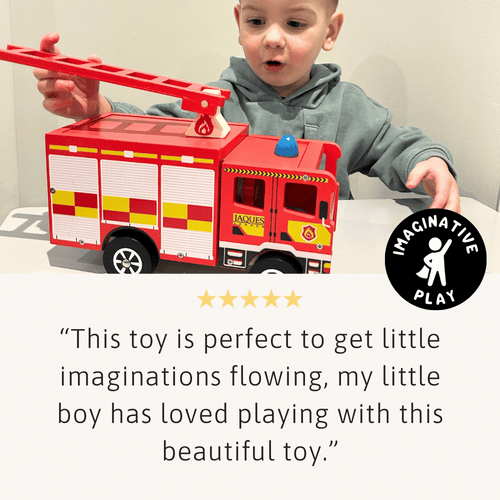 Child playing with a toy fire truck, with a five-star rating and review text on a white background. 