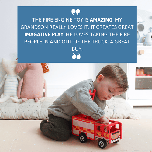 Child playing with a toy fire truck in a bedroom setting, with a positive review overlay. 