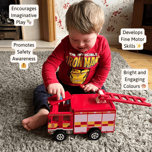 Child playing with a red toy fire truck on a carpeted floor. 