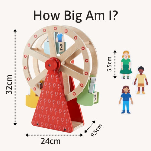 Measurement chart showing a wooden toy with dimensions and comparison figures. 
