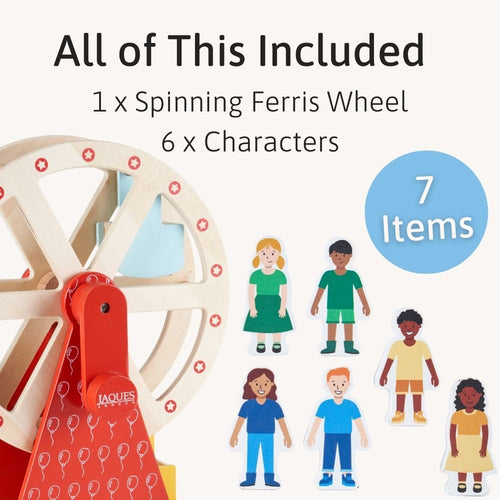 Spinning Ferris wheel toy with six character figures on a white   background