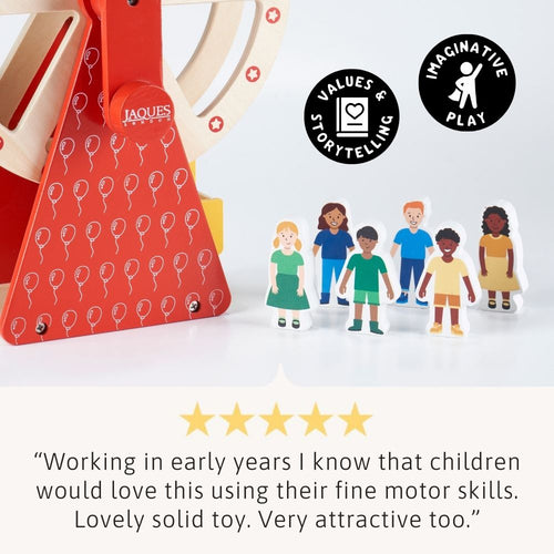 Red educational toy with character figures and Jaques branding on a white background 